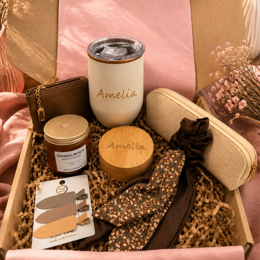 Custom personalised gift box with tumbler, accessories and thoughtful keepsakes