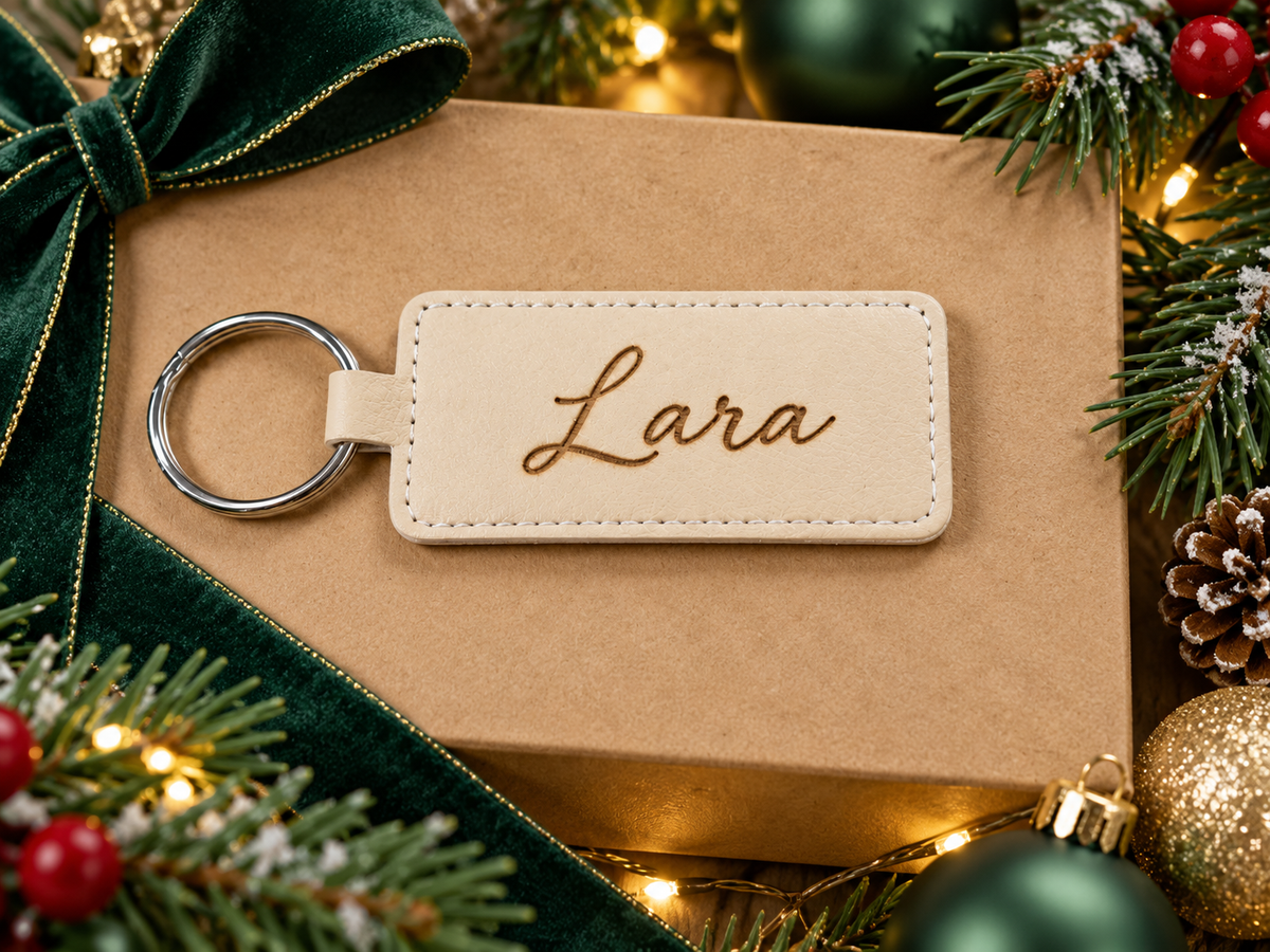 Personalised cream leather-look keychain with the name Lara and silver keyring, displayed with green velvet ribbon and festive Christmas decorations.