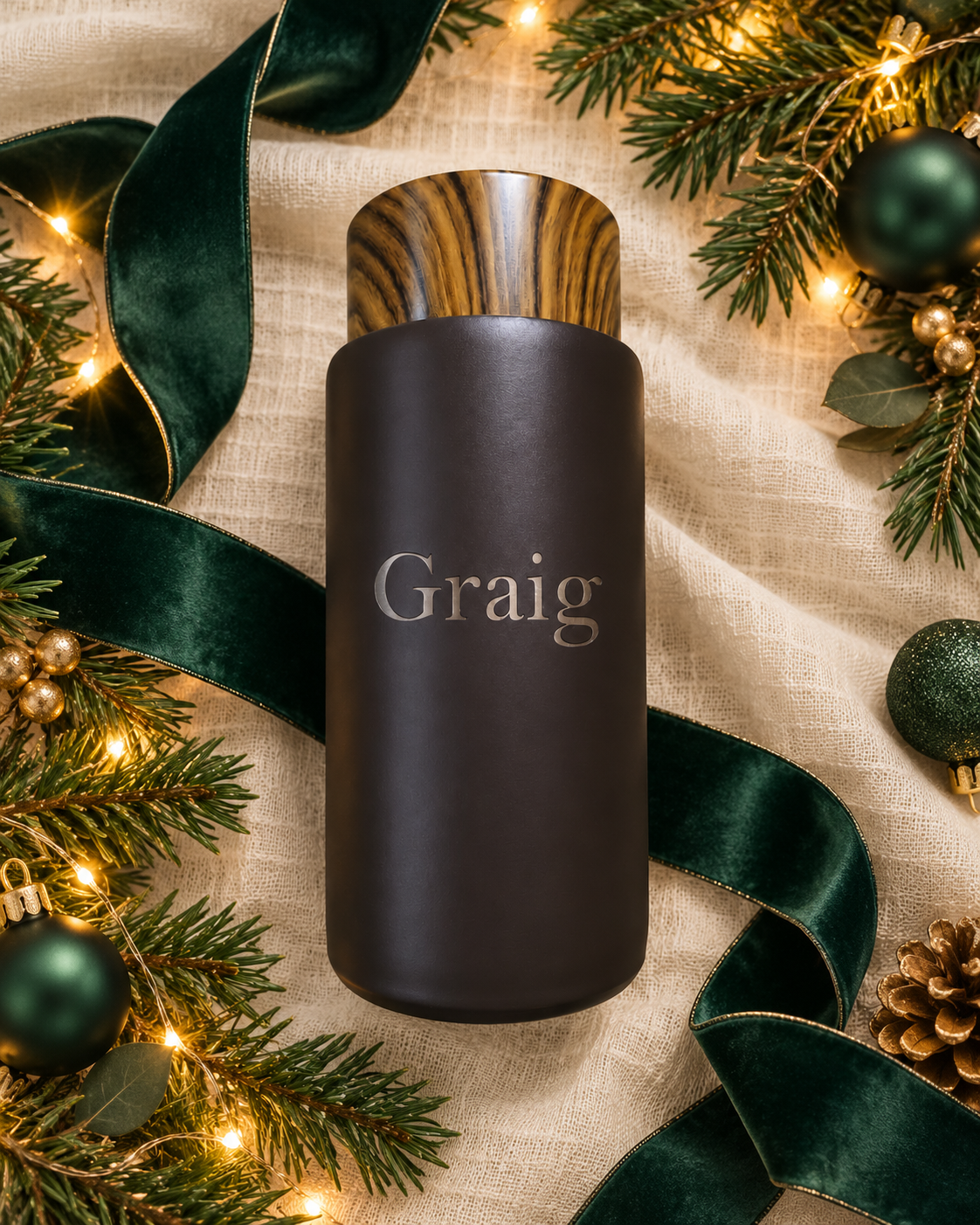 Personalised dark brown stainless steel flask with the name Graig, featuring a wood-grain lid and festive green and gold Christmas decorations.