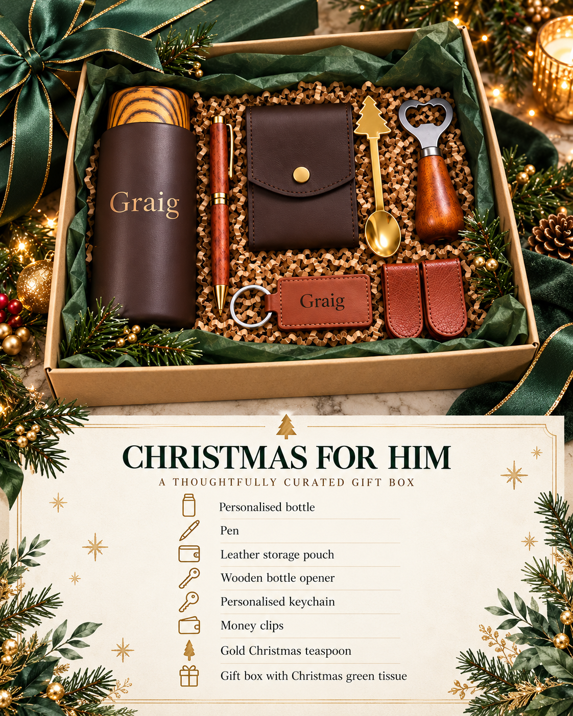 Personalised Christmas gift box for him featuring a flask, leather pouch, pen, money clip, bottle opener and keychain, beautifully presented by The Collective Nook.