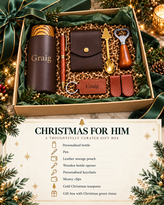 Personalised Christmas gift box for him featuring a flask, leather pouch, pen, money clip, bottle opener and keychain, beautifully presented by The Collective Nook.
