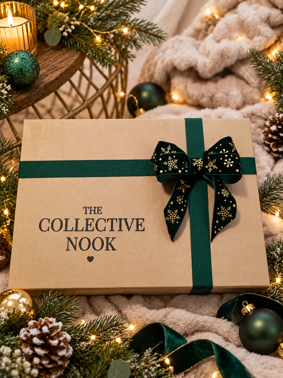 Christmas gift box for her by The Collective Nook, beautifully wrapped with a forest green ribbon and festive bow, surrounded by Christmas decorations.