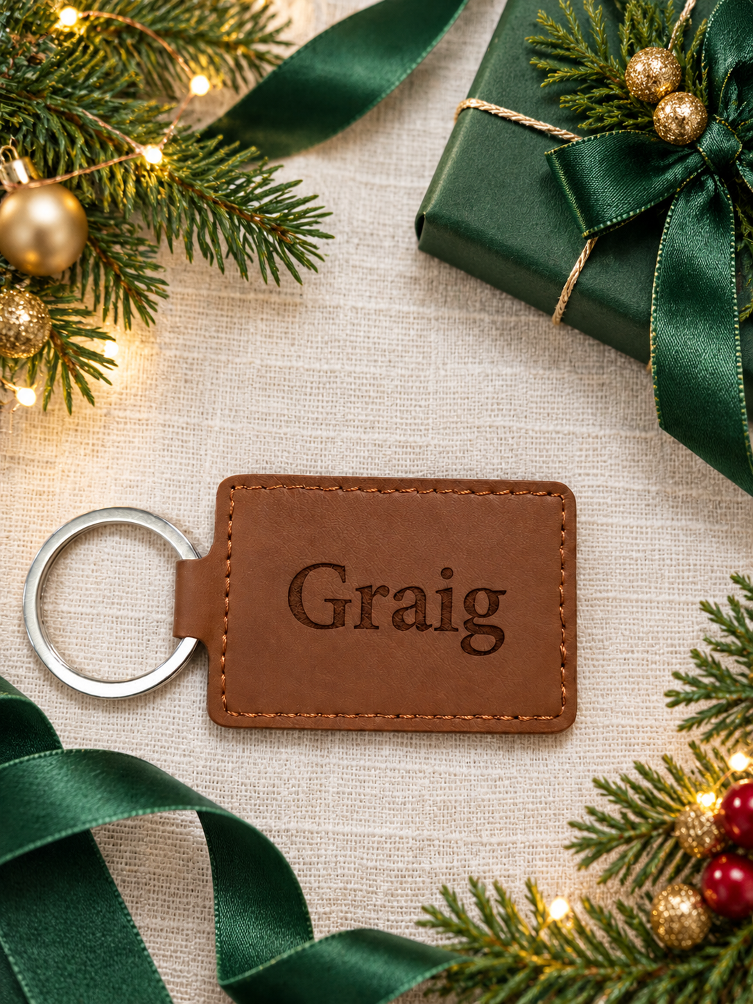 Personalised brown leather-look keychain with the name Graig and silver keyring, part of The Collective Nook Christmas gift box for him.