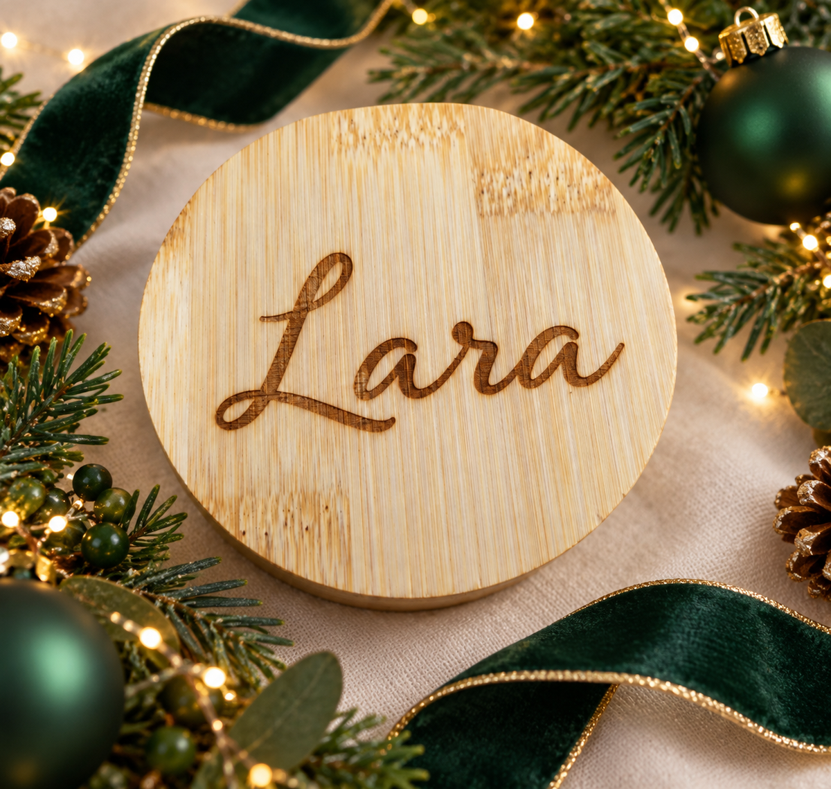 Personalised round wooden mirror engraved with the name Lara, part of The Collective Nook Christmas gift box for her, styled with festive green and gold decorations.