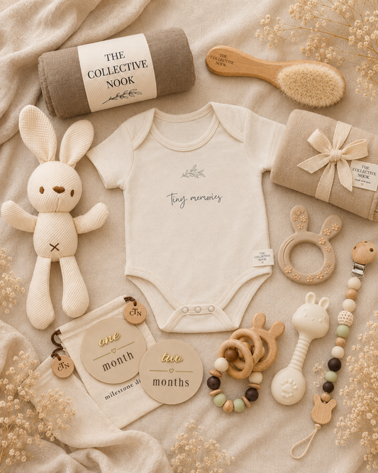 A styled baby gift set arranged on a beige fabric background, including a cream bodysuit with 'tiny miner' text, a plush bunny toy, a rolled blanket labeled 'THE COLLECTIVE NOOK', a wrapped gift, wooden and cream baby accessories, and small round keepsake tags.
