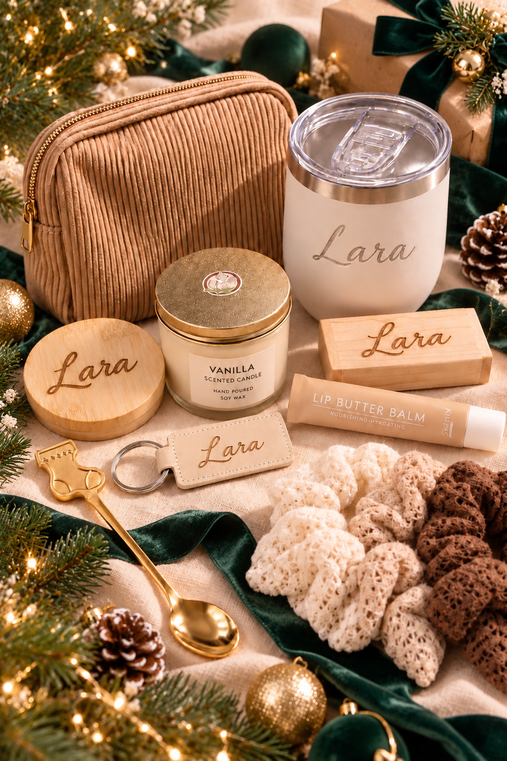Personalised Christmas gift set for her featuring a tumbler, wooden mirror, vanilla candle, jewellery box, keychain and makeup pouch with festive decorations.
