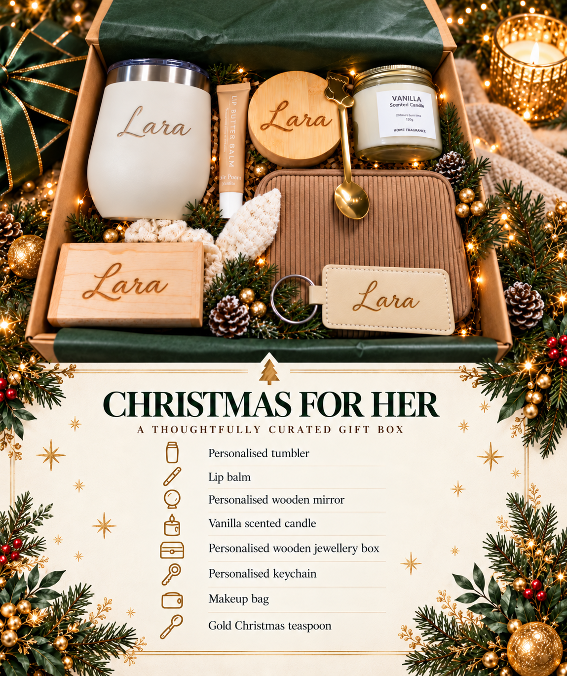 Personalised Christmas gift box for her with tumbler, wooden mirror, candle, jewellery box, keychain and festive packaging by The Collective Nook.