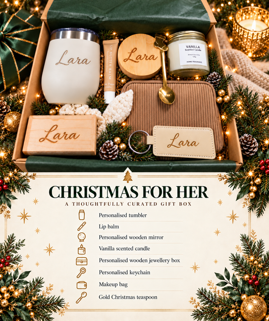 Personalised Christmas gift box for her with tumbler, wooden mirror, candle, jewellery box, keychain and festive packaging by The Collective Nook.