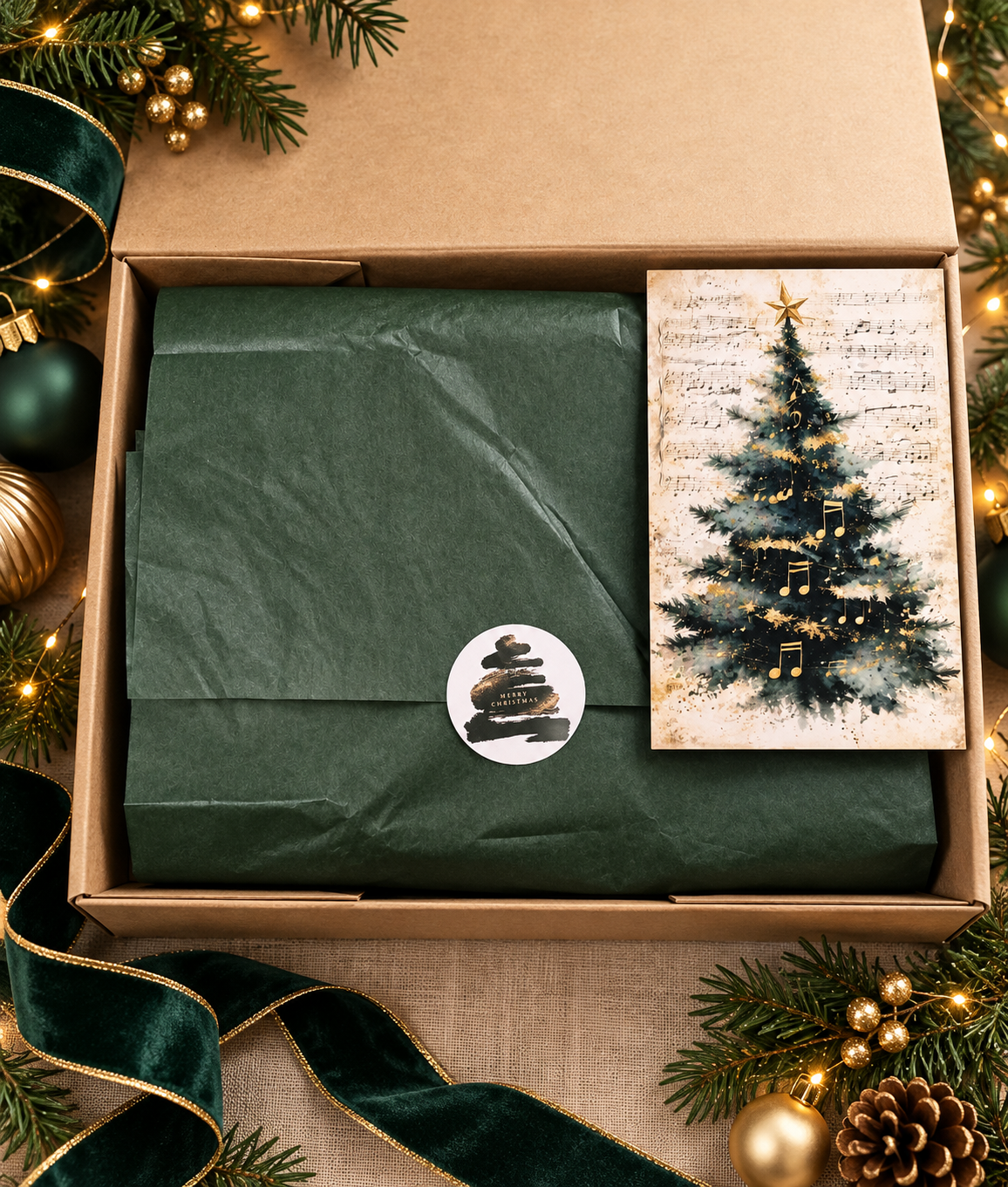 Christmas gift box for him by The Collective Nook, presented with forest green tissue paper, a Christmas tree greeting card and festive gold decorations.