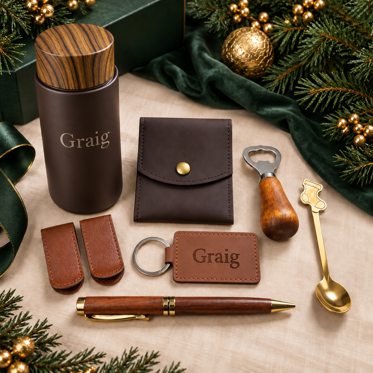 Personalised Christmas gift set for him featuring a flask, leather pouch, keychain, pen, money clip, wooden bottle opener and gold teaspoon, styled with festive greenery.